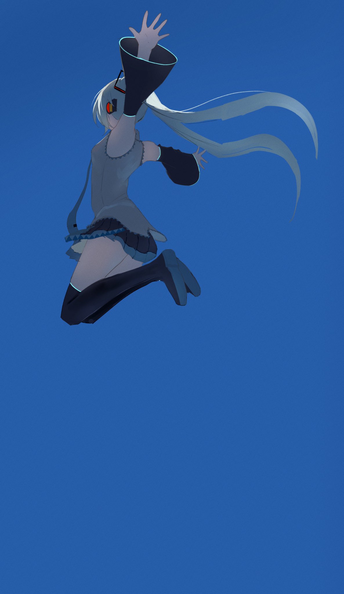 1girl aqua_hair aqua_necktie bare_shoulders black_footwear black_skirt black_sleeves blue_background blue_sky boots breasts commentary_request detached_sleeves floating_hair full_body grey_shirt hair_ornament hatsune_miku headphones highres jumping legs_up long_hair looking_to_the_side necktie open_hands outstretched_arms pleated_skirt potetoneko shirt skirt sky sleeveless sleeveless_shirt small_breasts solo thigh_boots twintails vocaloid wide_sleeves
