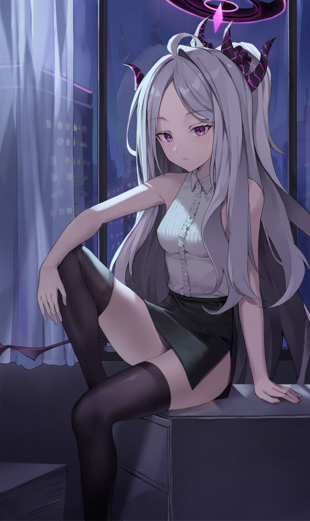 1girl ahoge arm_support black_skirt black_thighhighs blue_archive building commentary_request curtains dawon demon_girl demon_horns demon_wings desk forehead halo highres hina_(blue_archive) horns indoors knee_up long_hair looking_at_viewer night night_sky on_desk parted_bangs parted_lips pencil_skirt reflection shirt side_slit sidelocks sitting sitting_on_desk skirt sky skyscraper sleeveless sleeveless_shirt solo thigh-highs violet_eyes white_hair white_shirt window wings zettai_ryouiki
