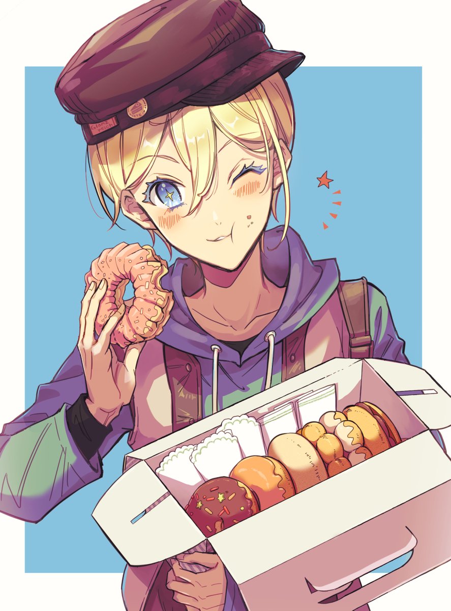 1boy ;t akai_higasa black_shirt blonde_hair blue_background blue_eyes blue_hoodie blush border box brown_headwear cabbie_hat chocolate_doughnut colored_eyelashes contemporary crumbs double-parted_bangs doughnut drawstring eating food french_cruller hair_between_eyes hat head_tilt highres holding holding_box holding_food hood hood_down hoodie jacket leonhard_von_granzreich long_sleeves looking_at_viewer male_focus notice_lines open_clothes open_jacket oushitsu_kyoushi_heine outside_border pastry_box pon_de_ring shirt short_hair sleeveless sleeveless_jacket smile solo star-shaped_pupils star_(symbol) symbol-shaped_pupils upper_body white_border white_jacket