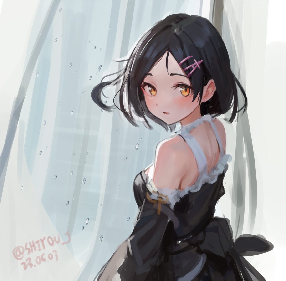 1girl alternate_costume black_dress black_hair brown_eyes dated dress frilled_dress frills from_behind hair_ornament hairclip kantai_collection kuroshio_(kancolle) looking_at_viewer looking_back one-hour_drawing_challenge parted_bangs shidou_(shiyou_j) short_hair solo twitter_username