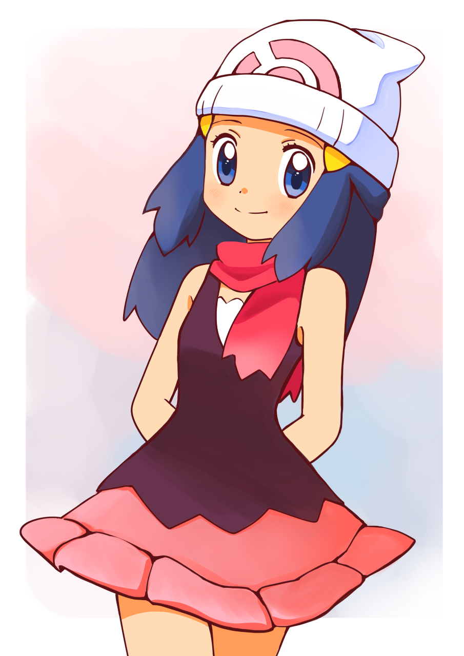 1girl arms_behind_back bare_arms beanie blue_eyes blue_hair border closed_mouth commentary_request cowboy_shot eyelashes hair_ornament hairclip hat highres hikari_(pokemon) kyanos_(b_0000ff) pink_skirt pokemon pokemon_(anime) pokemon_dppt_(anime) scarf shirt skirt sleeveless sleeveless_shirt smile solo split_mouth white_border white_headwear