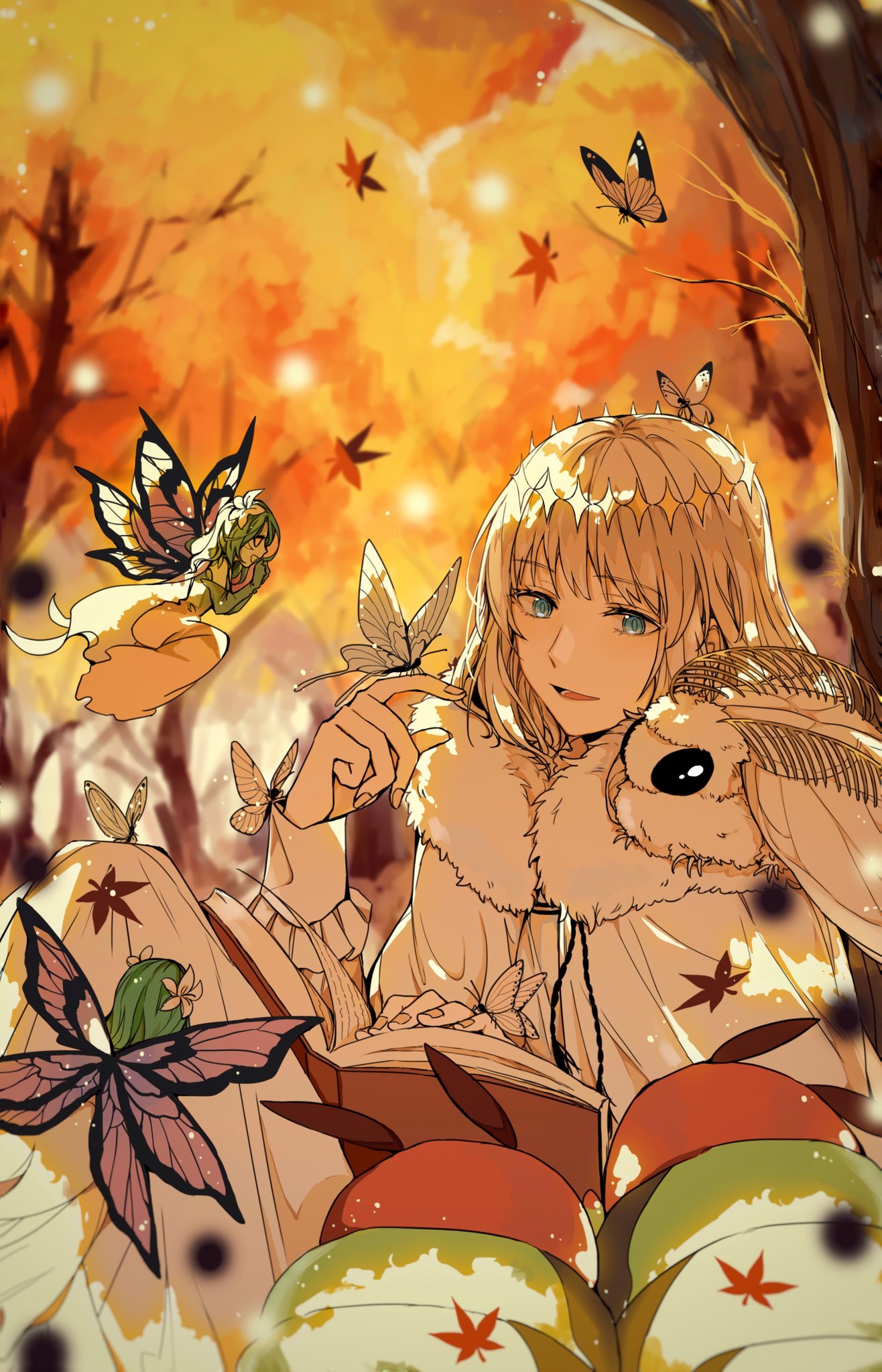 1boy 2girls animal_on_shoulder autumn_leaves blanca_(fate) blue_eyes blurry blurry_background book bug butterfly butterfly_on_hand caterpillar cloak crown dappled_sunlight diamond_hairband fairy falling_leaves fate/grand_order fate_(series) feet_out_of_frame fingernails fur-trimmed_cloak fur_trim highres knees_up leaf light_particles long_sleeves looking_at_animal male_focus medium_hair moth multiple_girls oberon_(fate) open_book parted_lips reading robe sitting smile sunlight tree uncleko5 under_tree white_cloak white_hair white_robe