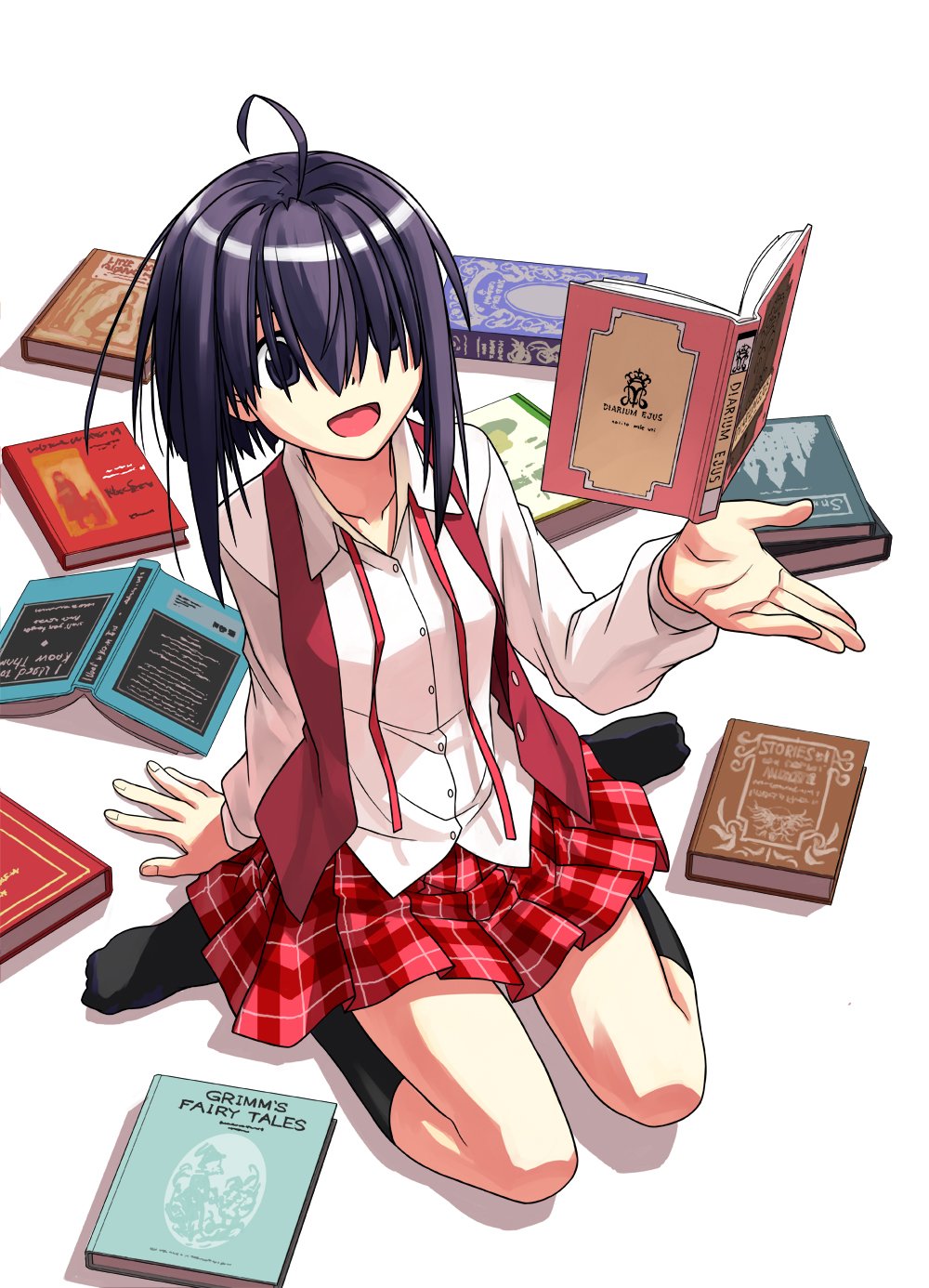 1girl :d akamatsu_ken black_eyes black_socks blue_hair book breasts collarbone commentary dress_shirt english_text floating floating_object from_above hair_over_eyes highres kneehighs long_sleeves looking_at_object magic mahora_academy_middle_school_uniform mahou_sensei_negima! miyazaki_nodoka neck_ribbon no_shoes official_art on_ground open_book open_clothes open_mouth open_vest pile_of_books plaid plaid_skirt pleated_skirt promotional_art reading red_ribbon red_skirt red_vest ribbon school_uniform shirt short_hair short_hair_with_long_locks sidelocks simple_background sitting skirt small_breasts smile socks solo undone_neck_ribbon vest wariza white_background white_shirt