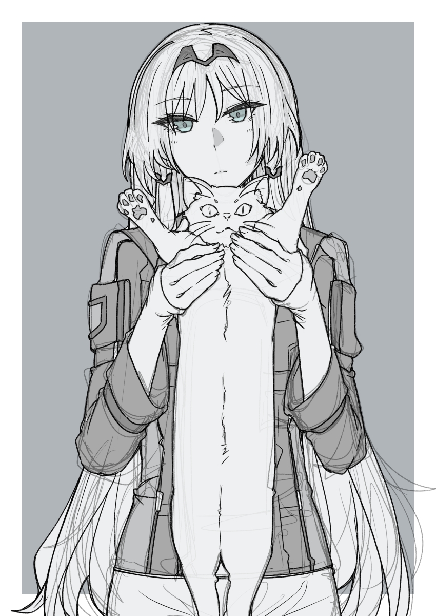 1girl an-94_(girls'_frontline) animal blue_eyes cat cowboy_shot expressionless girls_frontline greyscale hairband highres holding holding_animal holding_cat jacket long_hair long_sleeves looking_at_viewer monochrome nakiusagi simple_background sketch solo spot_color standing straight-on very_long_hair