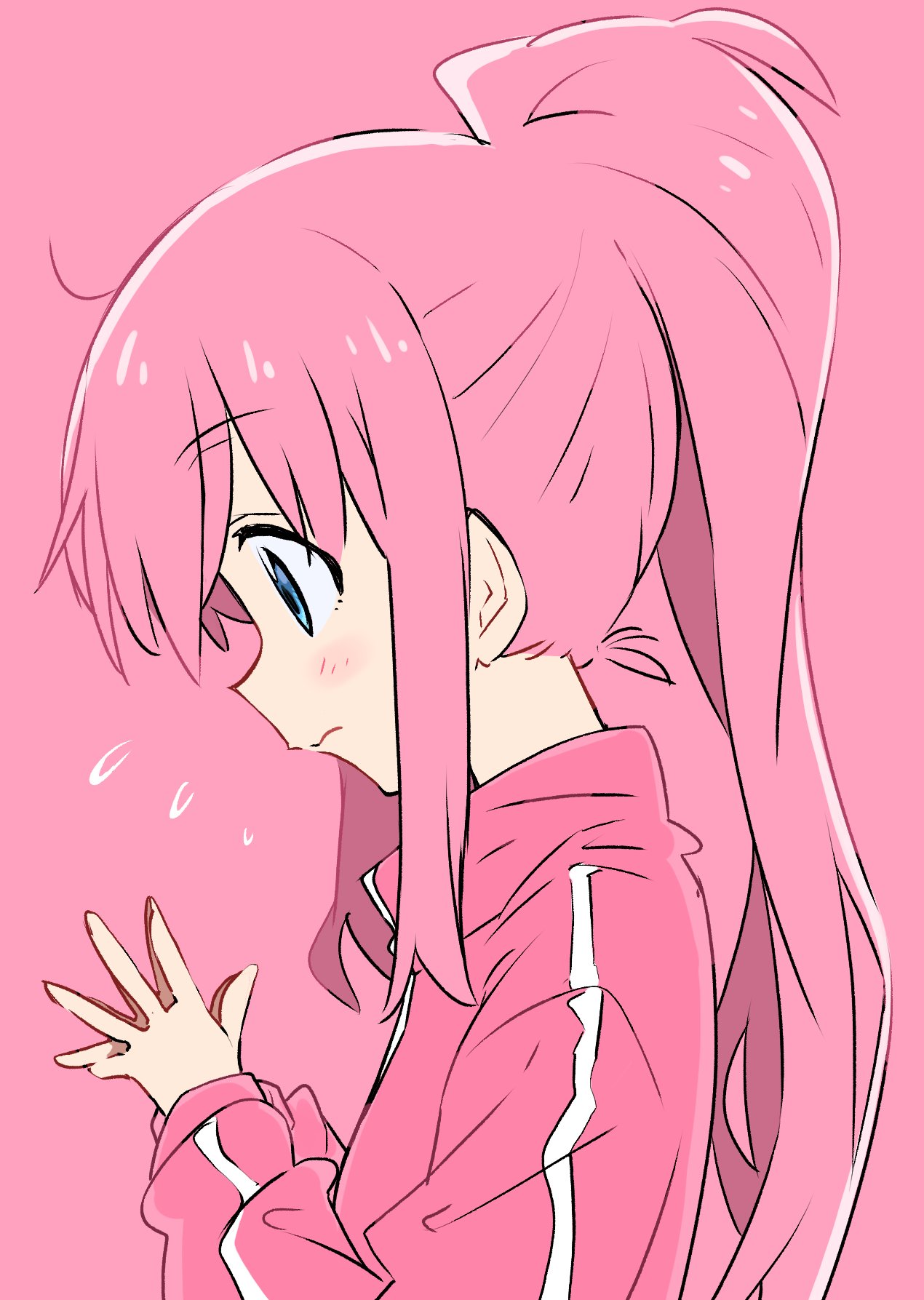 1girl blue_eyes blush bocchi_the_rock! closed_mouth from_side gotou_hitori high_ponytail highres jacket long_hair own_hands_together pink_background pink_hair pink_jacket pink_theme sidelocks simple_background solo spoken_sweatdrop steepled_fingers sweatdrop take_shinobu track_jacket upper_body