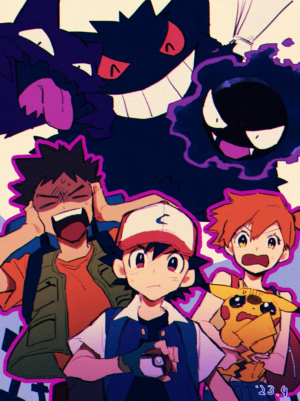 1girl 2boys ^_^ ash_ketchum baseball_cap black_hair brock_(pokemon) closed_eyes dated fangs fingerless_gloves gastly gengar gloves grin hat haunter highres holding holding_poke_ball holding_polearm holding_weapon i_ht_b misty_(pokemon) multiple_boys open_mouth orange_hair pikachu poke_ball poke_ball_(basic) pokemon pokemon_(anime) pokemon_(classic_anime) pokemon_(creature) polearm scared shaded_face shirt smile spiky_hair sweat tongue vest weapon