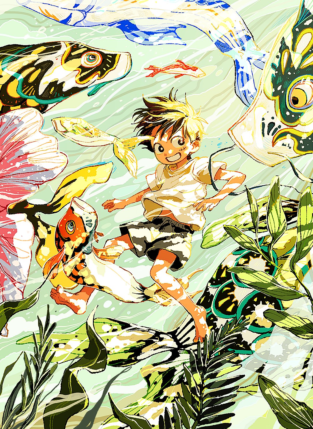 1boy aged_down b_kungya black_eyes black_hair black_shorts child commentary_request fish fish_request grin highres kelp korean_commentary male_child male_focus monkey_d._luffy one_piece plant scar scar_on_cheek scar_on_face seaweed shirt short_hair short_sleeves shorts smile solo t-shirt teeth underwater water white_shirt