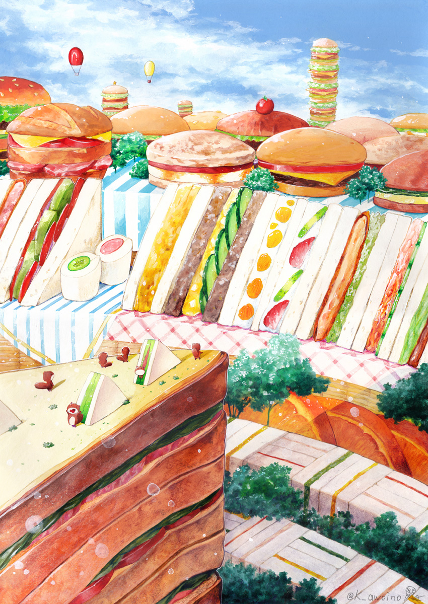 aircraft awoino blue_sky burger cheese clouds cloudy_sky food food_focus fruit fruit_sandwich highres hot_air_balloon meat no_humans orange_(fruit) orange_slice original sandwich shadow sky squirrel tomato traditional_media tree twitter_username very_wide_shot