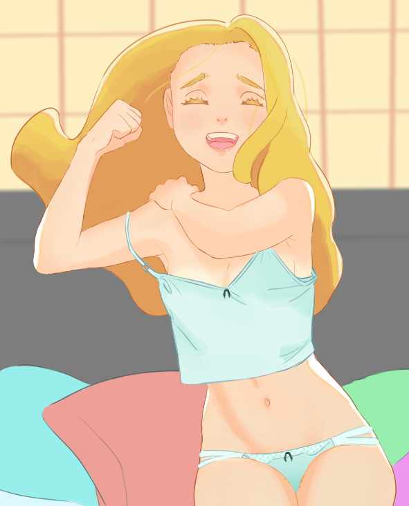 belly blonde_hair flexing happy laughing long_hair moitasart original pillow smile thighs underwear