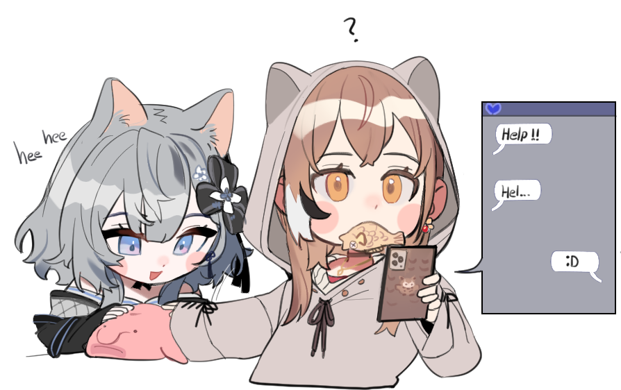 2girls ? ahoge animal_ears animal_hood berry black_choker blobfish blue_eyes brown_eyes brown_hair brown_hoodie cat_ears choker crossed_bangs earrings ears_through_headwear eus_ing flower food food-themed_earrings food_in_mouth giggling grey_hair hair_flower hair_ornament hair_ribbon hololive hololive_english hololive_indonesia hood hood_up hoodie japanese_clothes jewelry kimono lace-trimmed_kimono lace_trim long_hair multicolored_hair multiple_girls nanashi_mumei nanashi_mumei_(3rd_costume) necklace official_alternate_costume oversized_clothes red_shirt ribbon shirt sleeves_past_wrists streaked_hair sweater takoyaki text_messaging two-tone_kimono vestia_zeta vestia_zeta_(2nd_costume) virtual_youtuber white_sweater