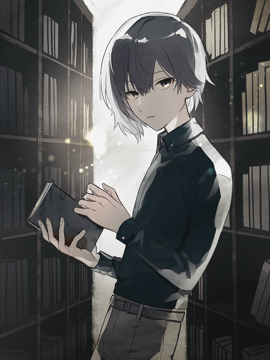 1boy black_shirt book bookshelf collared_shirt commentary_request from_side grey_eyes grey_hair highres holding holding_book looking_at_viewer makachandayo male_focus original shirt solo upper_body
