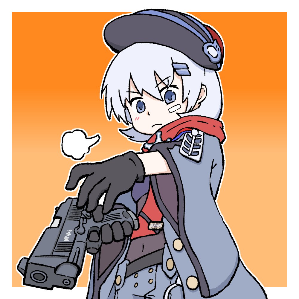 1girl bandaid bandaid_on_face black_gloves blue_eyes blue_jacket blue_shorts bodysuit bodysuit_under_clothes character_name covered_navel cowboy_shot girls_frontline gloves grey_hair gun hair_ornament hairclip handgun hat holding holding_gun holding_weapon jacket mangaradio mod3_(girls'_frontline) mp-446_(girls'_frontline) mp-446_viking orange_background red_scarf scarf sheriff_badge short_hair shorts simple_background solo weapon wide_sleeves