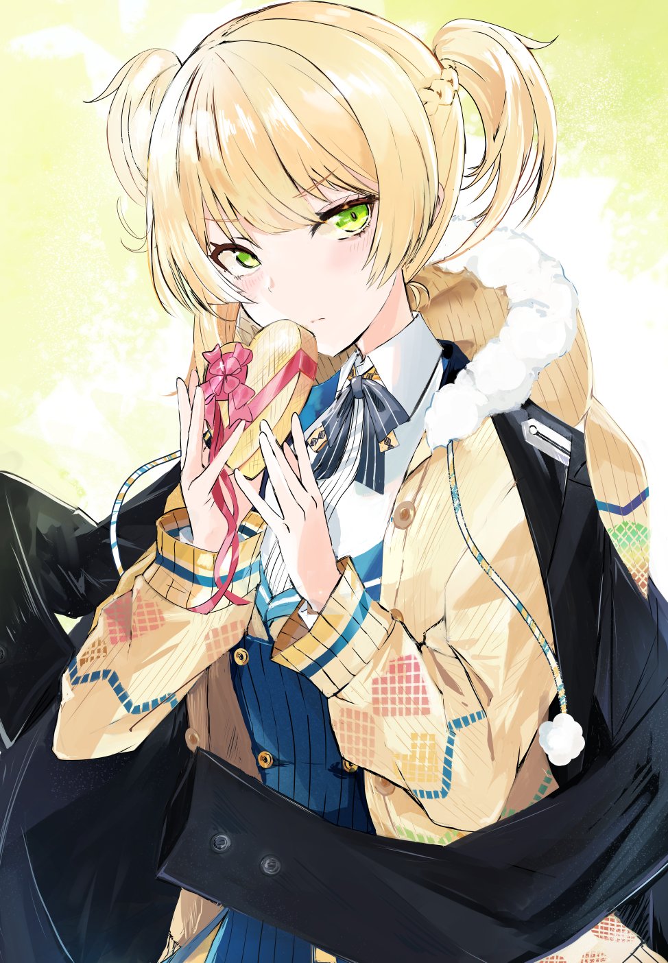 1girl black_jacket blonde_hair box braid fur_trim gift gift_box girls_frontline green_eyes heart-shaped_box highres holding holding_gift hood hooded_sweater jacket jacket_on_shoulders looking_at_viewer official_alternate_costume shirt short_hair sierra_(sierra_s252) solo sweater two_side_up upper_body welrod_mkii_(english_in_love)_(girls'_frontline) welrod_mkii_(girls'_frontline) white_shirt