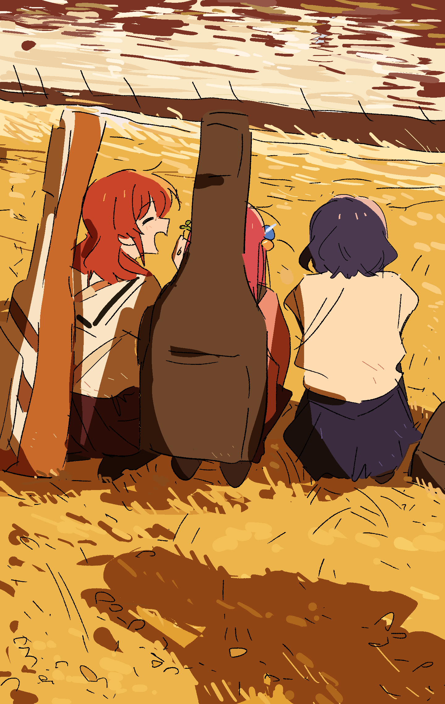 3girls black_skirt blue_hair blue_skirt bocchi_the_rock! closed_eyes commentary_request facing_to_the_side from_behind gotou_hitori grass guitar_case hair_bobbles hair_ornament hand_up highres holding_clover ijichi_nijika instrument_case instrument_on_back jacket kerorira kita_ikuyo laughing medium_hair multiple_girls on_grass open_mouth out_of_frame pink_hair pink_jacket profile redhead river sailor_collar school_uniform serafuku shadow shirt shirt_tucked_in short_hair skirt squatting white_sailor_collar white_shirt yamada_ryou