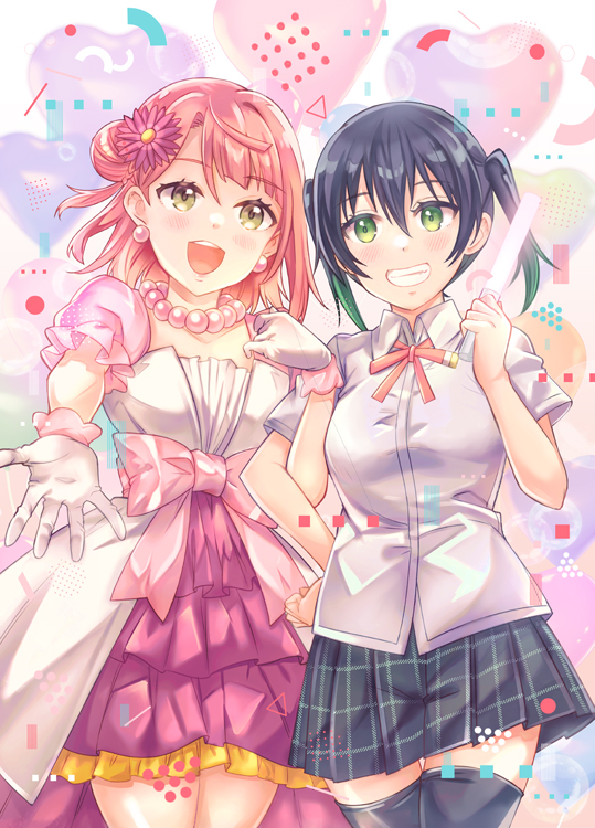 2girls :d awakening_promise_(love_live!) black_hair black_skirt bow collared_shirt commentary dress earrings flower gloves glowstick gradient_hair green_eyes green_hair grin hair_bun hair_flower hair_ornament heart heart_background holding_glowstick jewelry locked_arms love_live! love_live!_nijigasaki_high_school_idol_club medium_hair miniskirt multicolored_hair multiple_girls multiple_sources neck_ribbon necklace nijigasaki_academy_school_uniform open_mouth outstretched_arm pearl_earrings pearl_necklace pink_dress pink_hair pink_ribbon plaid plaid_skirt ribbon school_uniform shirt short_dress short_sleeves short_twintails single_side_bun skirt smile summer_uniform takasaki_yuu takitarou teeth twintails uehara_ayumu waist_bow white_gloves white_shirt yellow_eyes