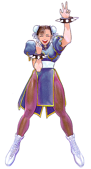 1990s_(style) 1girl :d arm_up boots bracelet breasts brown_hair bun_cover china_dress chinese_clothes chun-li closed_eyes double_bun dress facing_viewer full_body hair_bun jewelry non-web_source official_art open_mouth pantyhose puffy_short_sleeves puffy_sleeves retro_artstyle short_hair short_sleeves simple_background smile solo spiked_bracelet spikes street_fighter street_fighter_ii_(series) teeth traditional_media upper_teeth_only w white_background white_footwear yasuda_akira