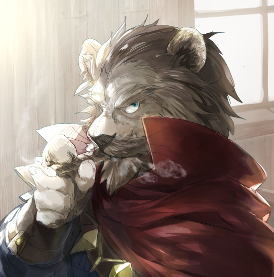 1boy beard cape cigar facial_hair furrification furry furry_male graves_(league_of_legends) hair_slicked_back karipaku league_of_legends looking_at_viewer male_focus mature_male mustache portrait red_cape short_hair smoking solo thick_eyebrows window