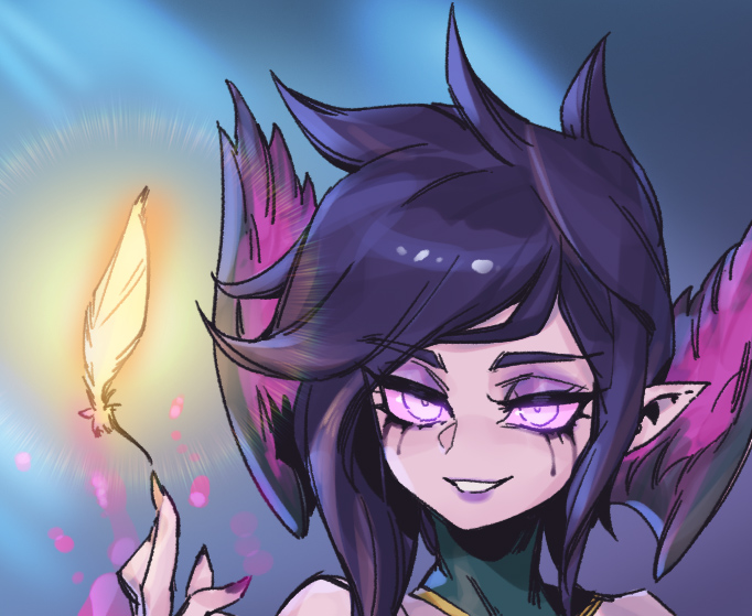 1girl blue_background feathers glowing glowing_eyes grin hand_up head_wings league_of_legends morgana_(league_of_legends) multicolored_hair nail_polish phantom_ix_row pink_eyes pink_nails pointy_ears portrait purple_hair short_hair smile solo teeth two-tone_hair wings