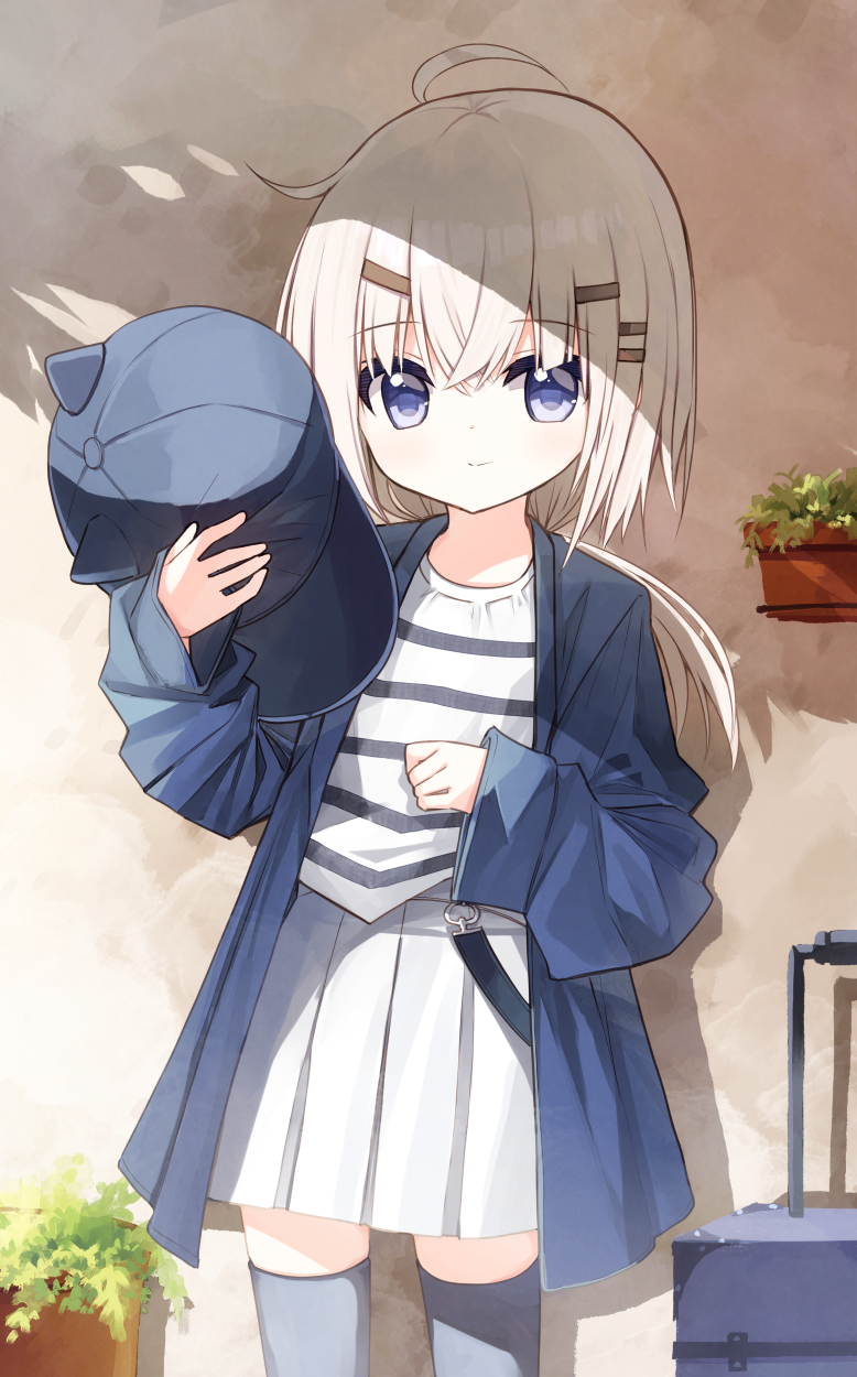 1girl ahoge baseball_cap blue_eyes blue_headwear blue_jacket blue_thighhighs closed_mouth hair_between_eyes hair_ornament hairclip hat hat_removed headwear_removed highres holding holding_clothes holding_hat jacket long_hair long_sleeves looking_at_viewer low_ponytail open_clothes open_jacket original pleated_skirt ponytail puffy_long_sleeves puffy_sleeves red_girl_(yuuhagi_(amaretto-no-natsu)) rolling_suitcase shirt skirt sleeves_past_wrists smile solo standing striped striped_shirt suitcase thigh-highs white_hair white_skirt yuuhagi_(amaretto-no-natsu)
