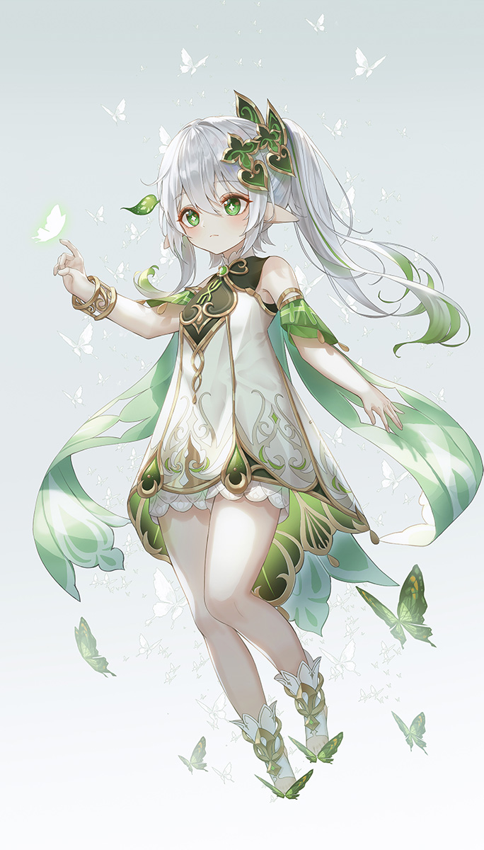 1girl bare_shoulders bracer bug butterfly closed_mouth clothing_request commentary detached_sleeves dot_nose female_child full_body genshin_impact glowing gold_trim gradient_background green_eyes grey_hair hair_between_eyes hair_ornament highres knees_together_feet_apart leaf leaf_hair_ornament long_hair nahida_(genshin_impact) pointy_ears shadow simple_background single_bracer solo split_mouth symbol-shaped_pupils toes vennie white_background white_footwear