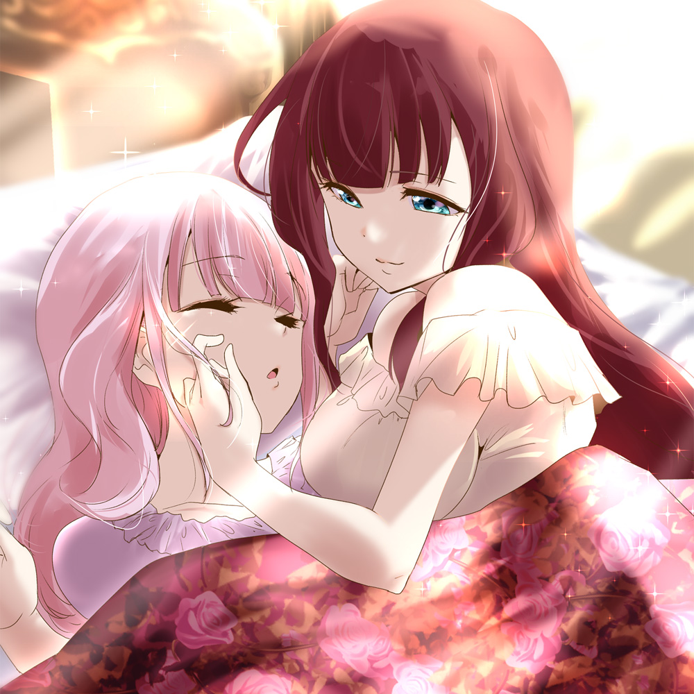 2girls assault_lily bare_shoulders bed blanket blue_eyes blunt_bangs blurry blurry_background breasts brown_hair closed_eyes closed_mouth day frilled_shirt frilled_sleeves frills hair_down hand_on_another's_cheek hand_on_another's_face hand_on_own_cheek hand_on_own_face hands_up head_rest hitotsuyanagi_yuri indoors kaede_johan_nouvel long_hair looking_at_another lying medium_breasts multiple_girls off-shoulder_shirt off_shoulder on_back on_bed on_side parted_lips pillow pink_hair purple_shirt shirt short_sleeves side-by-side sidelocks smile sparkle sun under_covers urutsu_sahari white_shirt yuri
