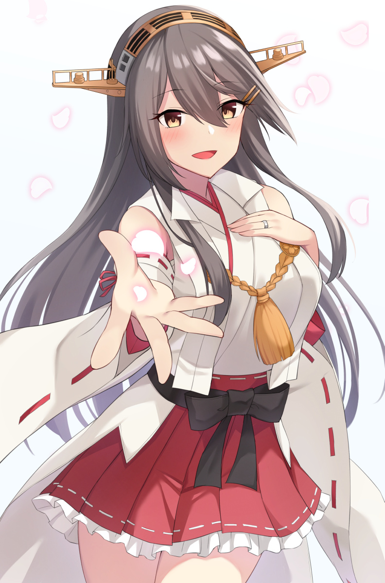 1girl akahi242 bare_shoulders black_hair blush brown_eyes cowboy_shot detached_sleeves hair_between_eyes hairband haruna_(kancolle) haruna_kai_ni_(kancolle) headgear highres japanese_clothes jewelry kantai_collection long_hair nontraditional_miko open_mouth pleated_skirt red_skirt ribbon-trimmed_sleeves ribbon_trim ring sidelocks skirt smile solo wedding_ring white_sleeves wide_sleeves