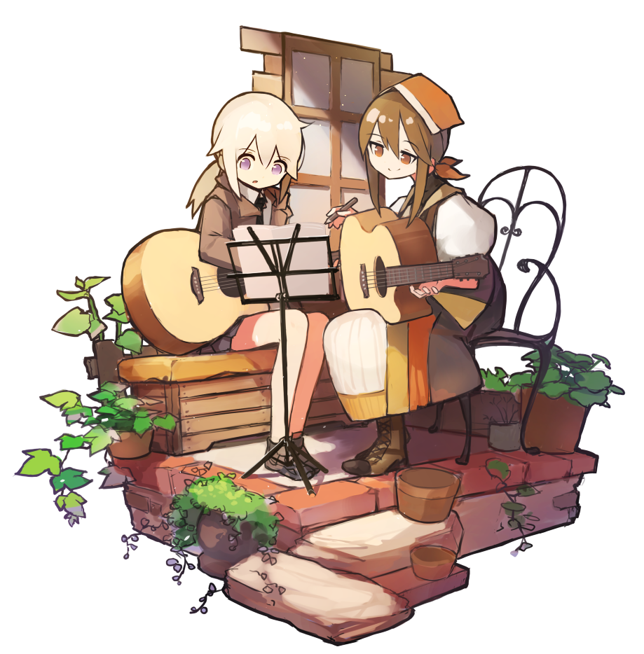 2girls boots brown_hair commentary_request dress falcon_(girls'_frontline) full_body girls_frontline grey_hair guitar head_scarf holding holding_instrument holding_pencil instrument jacket long_hair m200_(girls'_frontline) multiple_girls music_stand on_bench on_chair pencil plant potted_plant red_eyes sheet_music shoes sitting skirt smile sneakers suginakara_(user_ehfp8355) violet_eyes white_background window