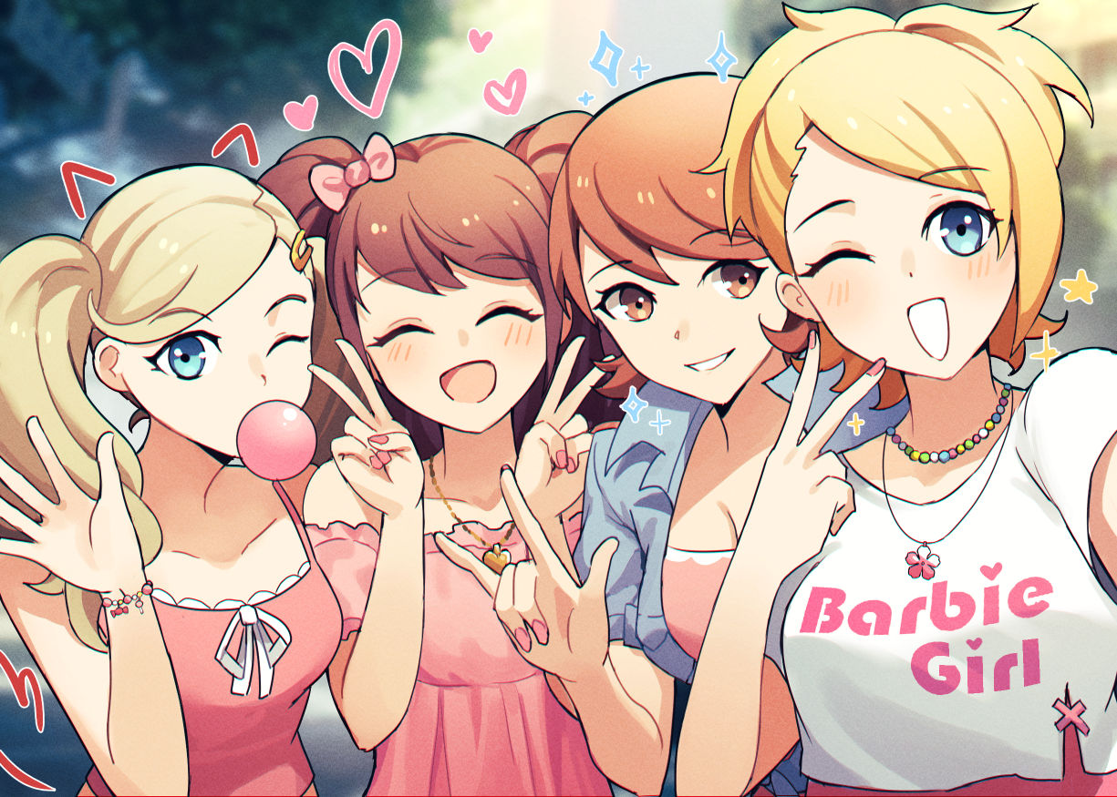 4girls \n/ bare_arms blonde_hair blue_eyes blue_jacket brown_eyes brown_hair camisole chewing_gum closed_eyes commentary double_v english_commentary hand_on_another's_shoulder inward_v jacket jewelry kujikawa_rise kuki_tan lisa_silverman long_hair looking_at_viewer multiple_girls necklace one_eye_closed open_mouth persona persona_2 persona_3 persona_4 persona_5 pink_camisole pink_nails shirt short_sleeves swept_bangs takamaki_anne takeba_yukari trait_connection twintails upper_body v white_shirt
