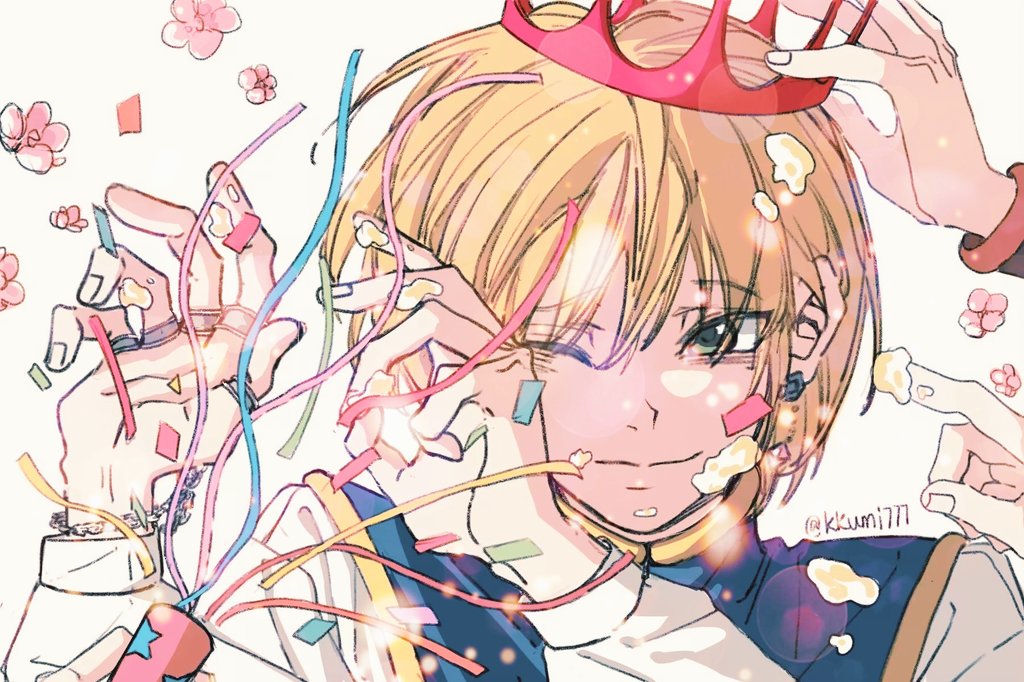1other 2boys ;) birthday blonde_hair blue_tabard chain confetti cream cream_on_face crown crystal_earrings earrings food food_on_face gon_freecss hand_up hands_up hunter_x_hunter jewelry kkumi777 kurapika light_particles long_sleeves male_focus multiple_boys one_eye_closed party_popper portrait short_hair simple_background smile solo solo_focus tabard white_background