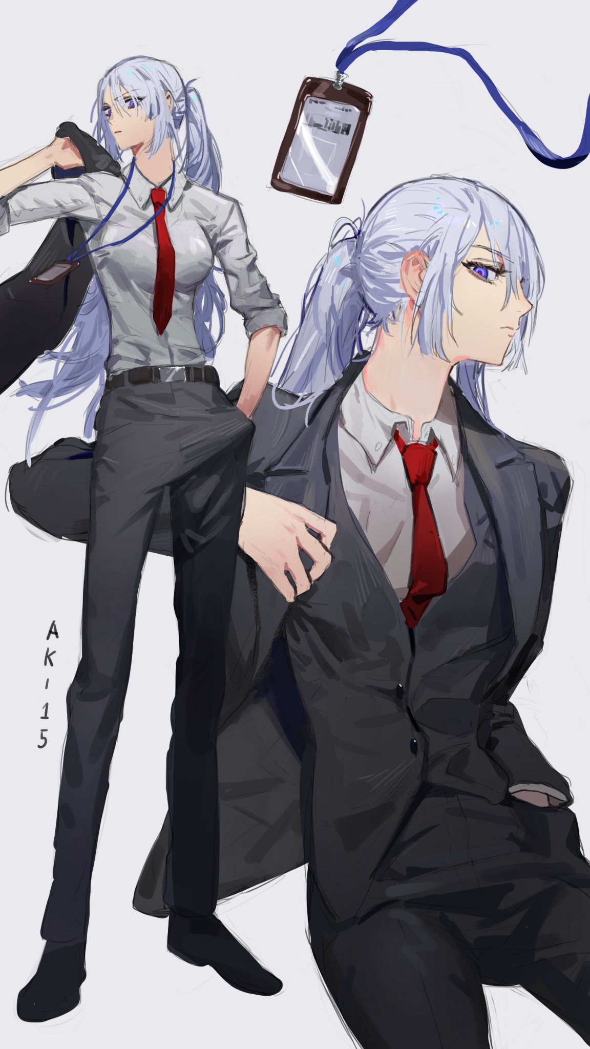 1girl ak-15_(girls'_frontline) belt breasts business_suit collared_shirt english_text formal full_body girls_frontline hand_in_pocket highres hotke id_card jacket jacket_over_shoulder jacket_removed long_hair multiple_views necktie office_lady ponytail red_necktie shirt simple_background solo suit suit_jacket violet_eyes white_hair