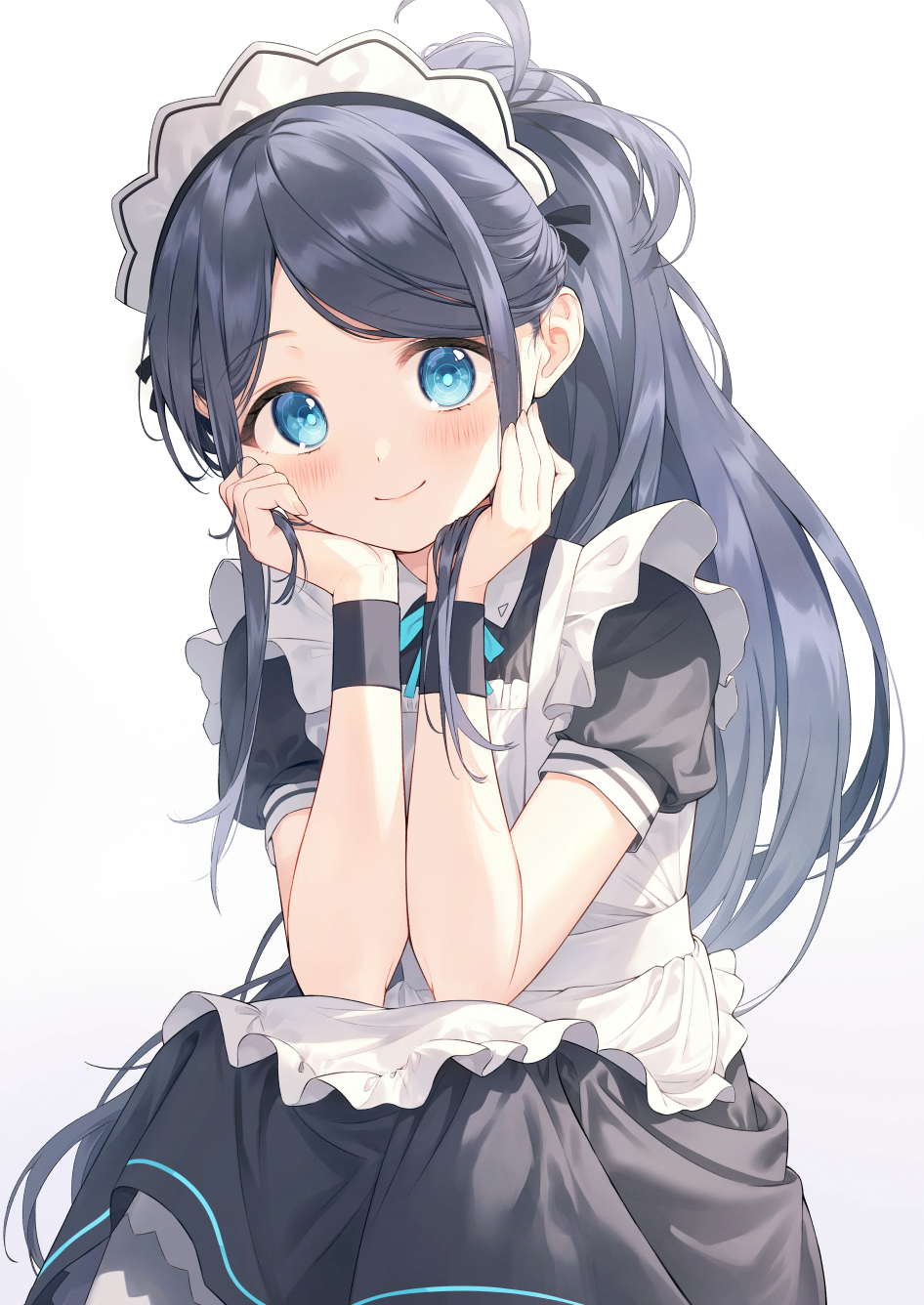 1girl alternate_costume apron aris_(blue_archive) aris_(maid)_(blue_archive) black_dress black_hair blue_archive blue_eyes blush dress elbows_on_knees frilled_apron frilled_dress frills gawain_(artist) hands_on_own_cheeks hands_on_own_face happy head_rest highres long_hair maid_apron maid_headdress ponytail short_sleeves sitting smile solo very_long_hair white_apron wristband