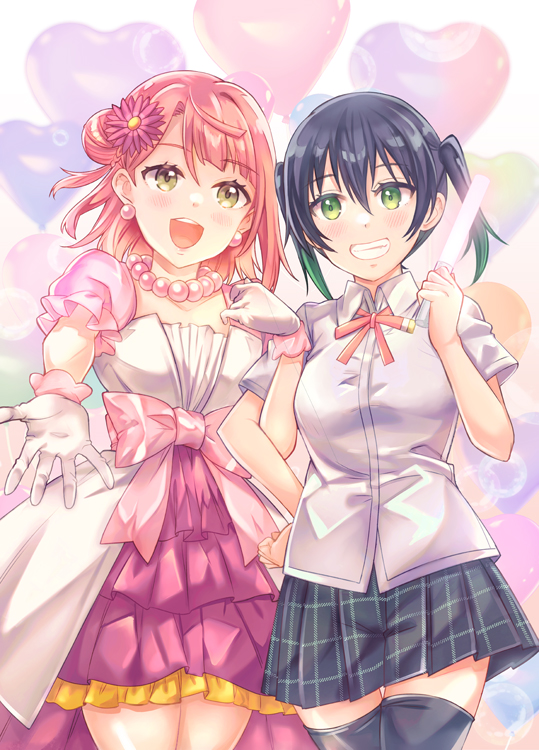 2girls :d awakening_promise_(love_live!) black_hair black_skirt bow collared_shirt commentary dress earrings flower gloves glowstick gradient_hair green_eyes green_hair grin hair_bun hair_flower hair_ornament heart heart_background holding_glowstick jewelry locked_arms love_live! love_live!_nijigasaki_high_school_idol_club medium_hair miniskirt multicolored_hair multiple_girls multiple_sources neck_ribbon necklace nijigasaki_academy_school_uniform open_mouth outstretched_arm pearl_earrings pearl_necklace pink_dress pink_hair pink_ribbon plaid plaid_skirt ribbon school_uniform shirt short_dress short_sleeves short_twintails single_side_bun skirt smile standing summer_uniform takasaki_yuu takitarou teeth twintails uehara_ayumu waist_bow white_gloves white_shirt yellow_eyes