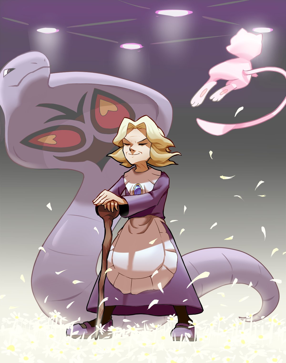 1girl agatha_(pokemon) apron arbok blonde_hair cane ceiling closed_eyes closed_mouth commentary_request dress ffccll flipped_hair highres holding holding_cane long_sleeves medium_hair mew_(pokemon) own_hands_together pokemon pokemon_(creature) pokemon_(game) pokemon_frlg purple_dress shoes smile standing waist_apron white_apron