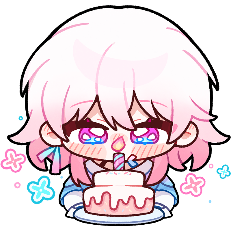 1girl blush cake candle chibi ear_blush earrings english_commentary food holding holding_cake holding_food honkai:_star_rail honkai_(series) jewelry lit_candle long_sleeves march_7th_(honkai:_star_rail) medium_hair no_mouth official_art pink_hair single_earring solo transparent_background upper_body