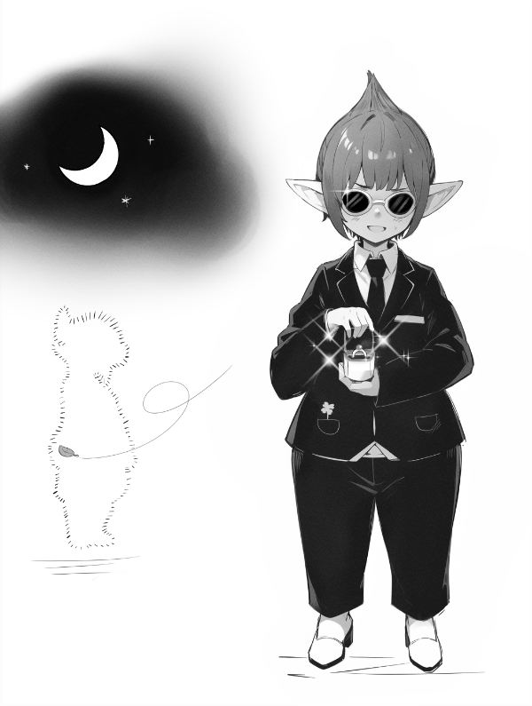 1boy clover collared_shirt commentary crescent english_commentary failure final_fantasy final_fantasy_xiv formal four-leaf_clover full_body glasses glint jamjamstyle jewelry lalafell leaf male_focus monochrome moon necktie open_mouth pointy_ears pointy_hair ring ring_box shirt short_hair solo suit wedge_(ff14)