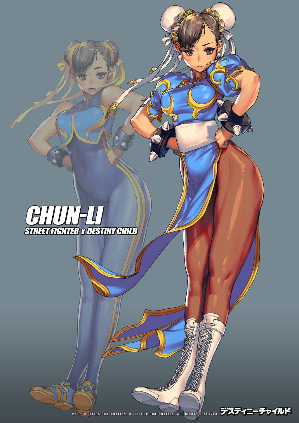 1girl alternate_costume belt boots bracelet breasts capcom chun-li destiny_child english_text full_body highres jewelry kim_hyung_tae looking_at_viewer official_art street_fighter thighs