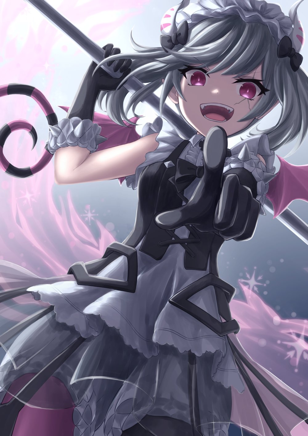 1girl apron arianne_the_labrynth_servant asymmetrical_legwear black_bow black_bowtie black_gloves bodice bow bowtie cracked_skin demon_girl demon_horns demon_tail demon_wings dress duel_monster evil_smile frilled_dress frilled_gloves frilled_sleeves frills gloves grey_hair hair_bow highres holding holding_weapon horns looking_at_viewer magarikado_(mgrkd) maid_headdress pink_eyes pink_wings pointing pointing_at_viewer pointy_ears smile solo spiked_gloves striped_tail tail traditional_bowtie twintails weapon white_apron white_dress wings yu-gi-oh!