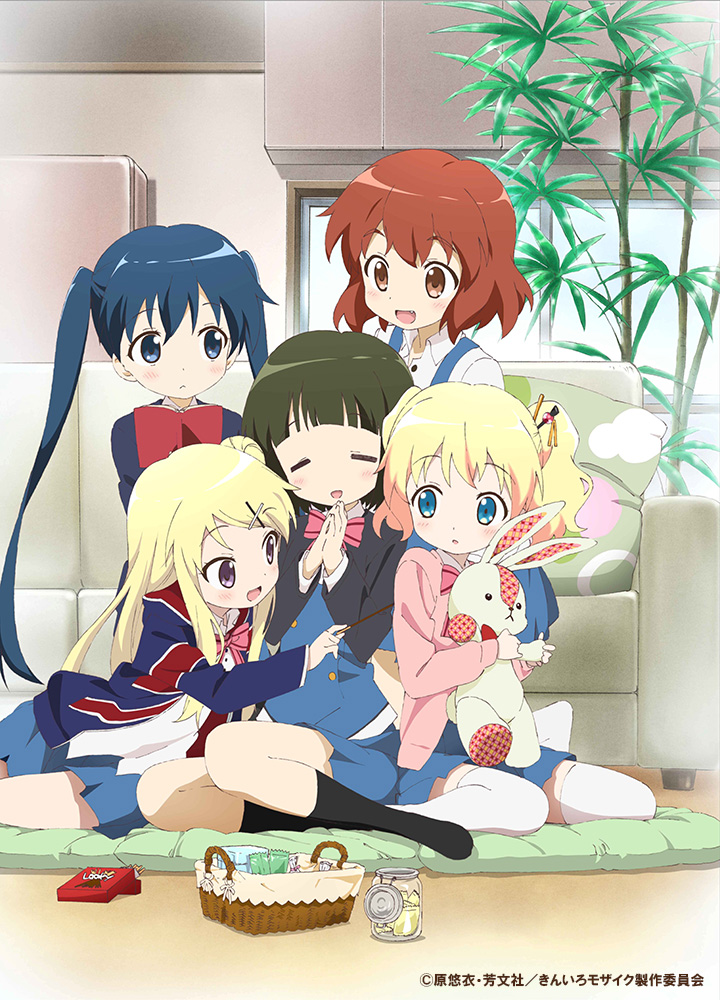 5girls :d =_= alice_cartelet basket black_coat black_socks blonde_hair blue_eyes blue_hair blush bow brand_name_imitation brown_eyes buttons cardigan chopsticks closed_eyes closed_mouth coat collared_shirt copyright copyright_name double-breasted everyone expressionless fang food frown full_body grey_eyes hair_ornament hands_up hara_yui_(style) hood hood_down indoors inokuma_youko jar kin-iro_mosaic komichi_aya kujou_karen leaning light_blush long_hair long_sleeves looking_at_another medium_hair multiple_girls official_art official_style on_floor oomiya_shinobu orange_eyes orange_hair out_of_frame own_hands_together pink_bow pink_cardigan pocky pocky_day pose_request promotional_art rabbit red_bow school_uniform shirt sideways_glance sitting smile socks stuffed_animal stuffed_rabbit stuffed_toy suspenders thigh-highs twintails union_jack_print untucked_shirt very_long_hair violet_eyes white_shirt white_socks white_thighhighs x_hair_ornament zettai_ryouiki