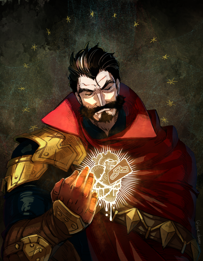 1boy beard cape chain chained closed_eyes facial_hair gloves graves_(league_of_legends) hair_slicked_back hand_up heart_(organ) karipaku league_of_legends male_focus mature_male mustache red_cape short_hair solo thick_eyebrows upper_body wrinkled_skin