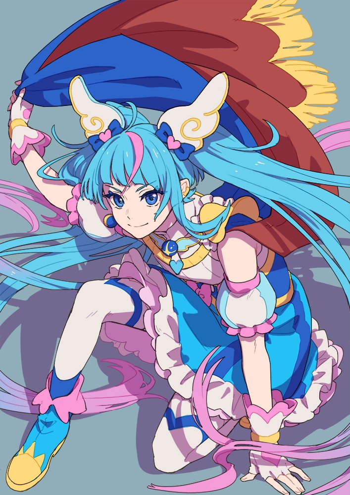 1girl ahoge aqua_eyes asymmetrical_clothes blue_dress blue_footwear blue_hair blunt_bangs bow cure_sky dress fingerless_gloves full_body gloves gradient_hair hair_bow hair_ornament hand_on_floor hirogaru_sky!_precure isshoku_(shiki) jewelry long_hair magical_girl miniskirt multicolored_hair pink_hair precure shadow skirt smile solo sora_harewataru streaked_hair twintails two-tone_hair very_long_hair wing_hair_ornament