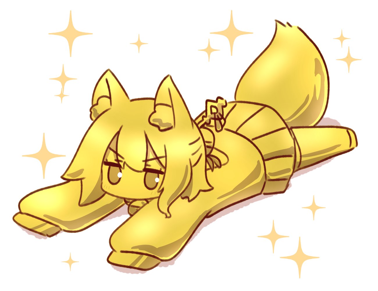 1girl animal_ears fox_ears fox_girl fox_tail full_body gold golden_week hair_between_eyes kemomimi-chan_(naga_u) long_sleeves looking_at_viewer lying naga_u on_stomach original pleated_skirt shirt simple_background skirt sleeves_past_fingers sleeves_past_wrists solo sparkle tail thigh-highs v-shaped_eyebrows white_background