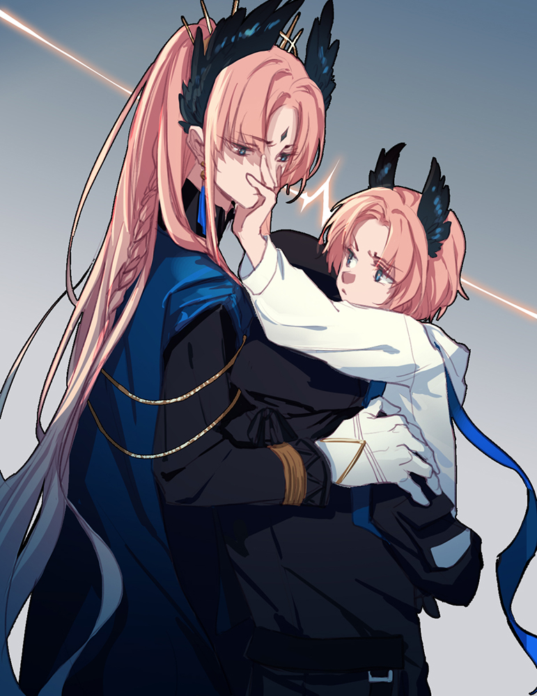 1other 2boys aged_down ambiguous_gender arknights black_coat black_jacket blue_background blue_cape blue_eyes braid cape carrying child_carry closed_mouth coat doctor_(arknights) dual_persona earrings eye_contact facing_away forehead_jewel from_behind furrowed_brow gloves gradient_background hair_ornament hand_on_another's_face hand_on_another's_shoulder head_wings hood hood_down hood_up hooded_coat hooded_jacket jacket jealous jewelry lightning_glare long_hair long_sleeves looking_at_another male_child male_focus mizukai multiple_boys official_alternate_costume parted_bangs passenger_(arknights) passenger_(dream_in_a_moment)_(arknights) ponytail short_hair side_braid tassel tassel_earrings upper_body white_gloves white_jacket wings