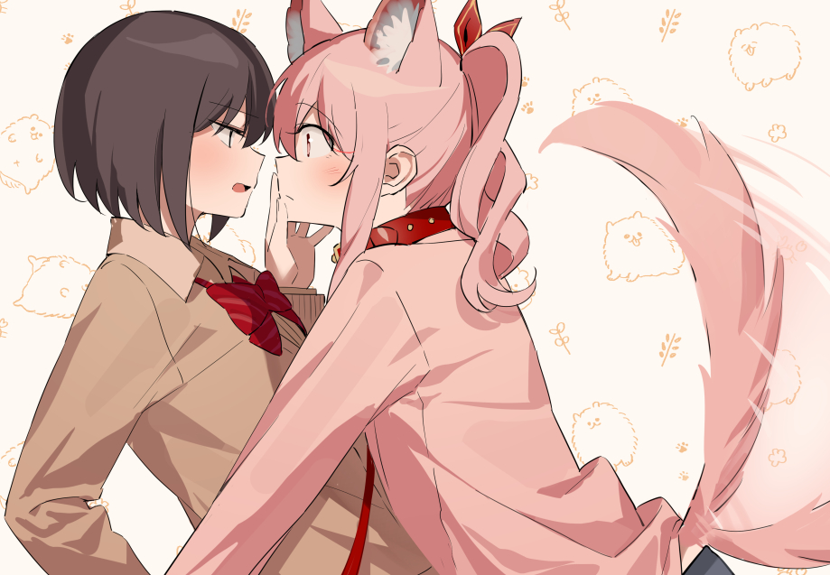1girl 1other afterimage akiyama_mizuki androgynous animal_ears black_hair blush bow bowtie brown_cardigan brown_eyes cardigan closed_mouth collar commentary_request dog dog_ears dog_tail drill_hair eye_contact flower_(symbol) fluffy from_side grey_skirt hair_behind_ear hair_between_eyes hair_ornament hand_on_another's_cheek hand_on_another's_face kamiyama_high_school_uniform_(project_sekai) korean_commentary leash long_hair long_sleeves looking_at_another namgic open_mouth paw_print pink_cardigan pink_hair profile project_sekai red_bow red_bowtie red_collar school_uniform shinonome_ena shirt short_hair side_ponytail skirt solid_eyes stalk striped striped_bow striped_bowtie tail tail_wagging tongue tongue_out upper_body white_background white_shirt