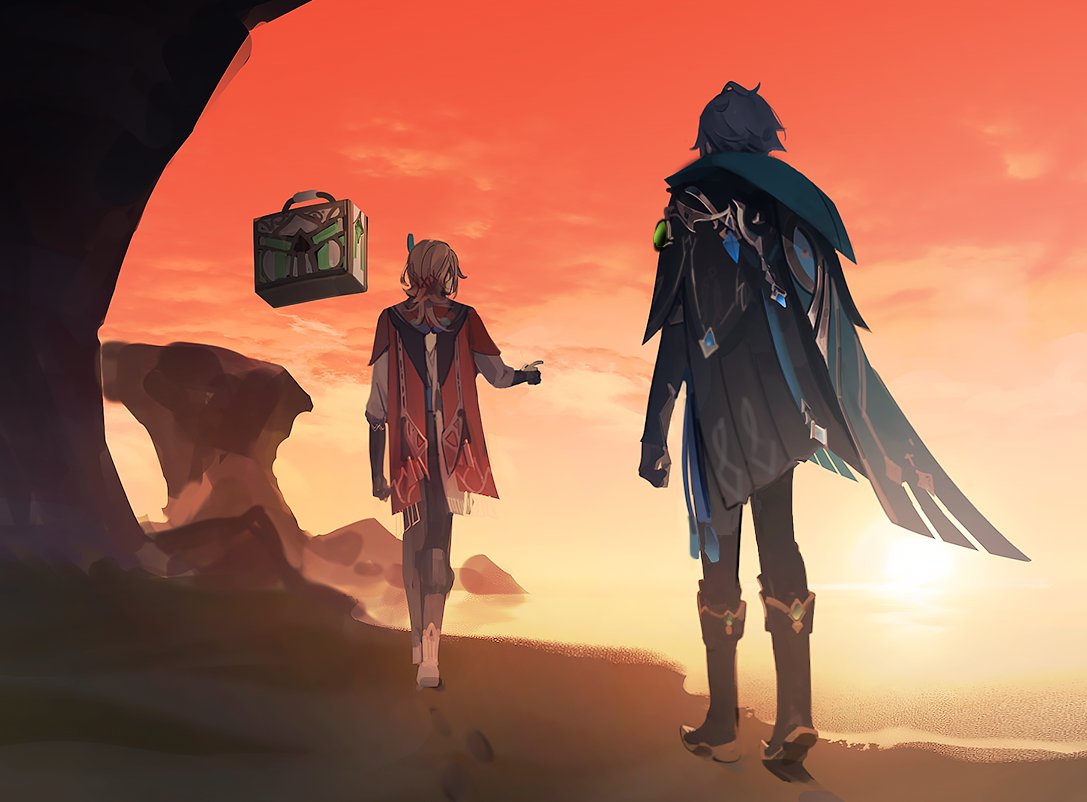 2boys ahoge al66594 alhaitham_(genshin_impact) beach black_footwear black_gloves black_pants blonde_hair boots cape cliff commentary elbow_gloves facing_away feather_hair_ornament feathers genshin_impact gloves gold_trim green_cape grey_hair hair_ornament hand_up kaveh_(genshin_impact) long_hair long_sleeves male_focus mehrak_(genshin_impact) mountain multiple_boys orange_sky outdoors pants red_cape sand shirt shore short_hair shoulder_cape sky standing suitcase sun sunset symbol-only_commentary vision_(genshin_impact) water white_shirt