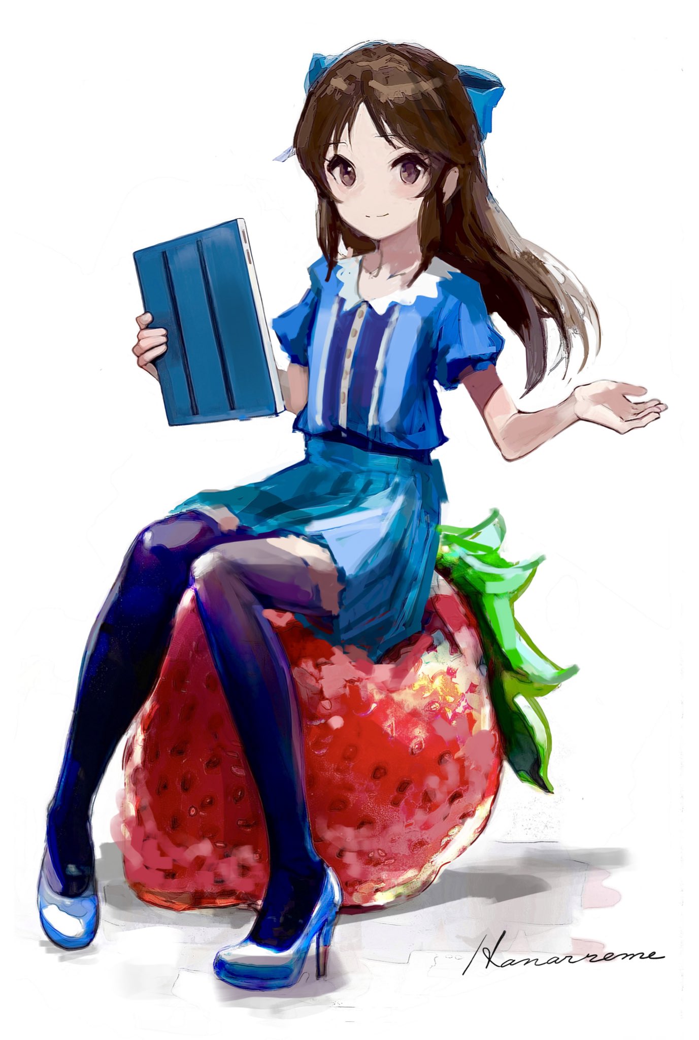 1girl artist_name black_thighhighs blue_dress blue_ribbon blush breasts brown_eyes brown_hair closed_mouth collarbone dot_nose dress food fruit full_body hair_ribbon high_heels highres holding holding_notebook idolmaster idolmaster_cinderella_girls idolmaster_cinderella_girls_starlight_stage idolmaster_cinderella_girls_u149 long_hair looking_at_viewer notebook ribbon short_sleeves signature simple_background sitting_on_food small_breasts smile solo strawberry tachibana_arisu thigh-highs white_background xxxhanaremexxx zettai_ryouiki