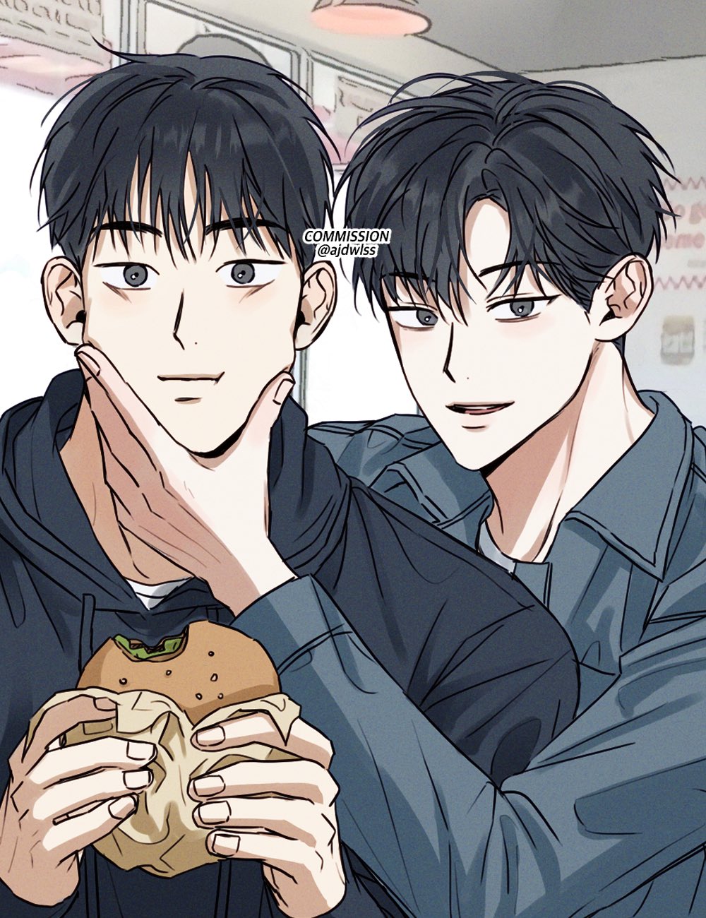2boys ajdwlss bishounen black_eyes black_hair black_hoodie burger cheek_squash closed_mouth food garbage_time hand_on_another's_cheek hand_on_another's_face highres holding holding_food hood hoodie indoors jeon_youngjoong looking_at_viewer multiple_boys open_mouth seong_junsoo short_hair upper_body