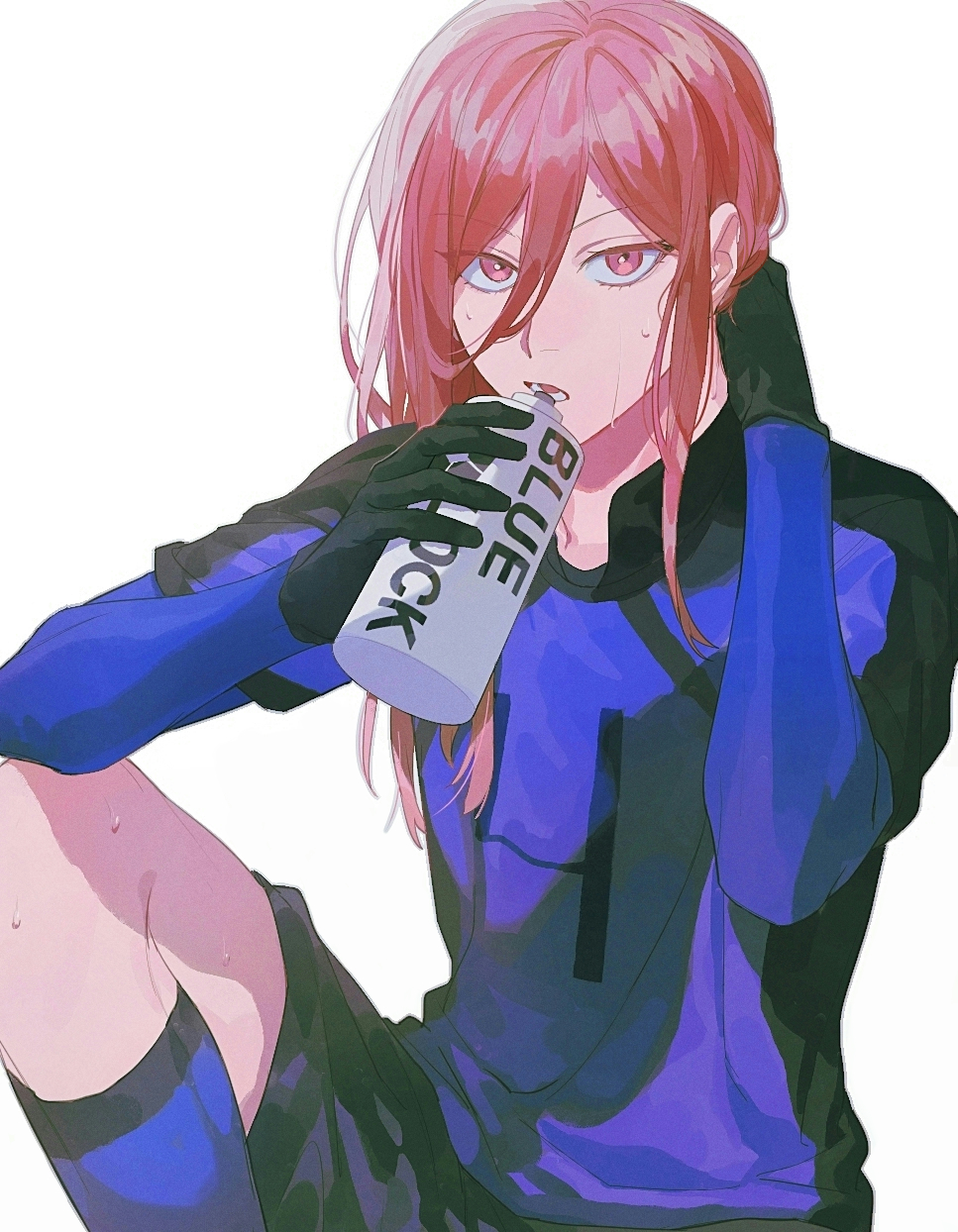 1boy awamoko black_gloves black_shorts blue_lock blue_shirt bottle chigiri_hyoma cowboy_shot gloves hands_up highres holding holding_bottle knee_up long_hair long_sleeves looking_at_viewer male_focus open_mouth red_eyes redhead shirt shorts simple_background sitting soccer_uniform socks solo sportswear sweat white_background