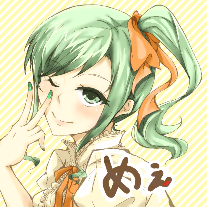 1girl green_hair green_nails green_theme gumi miisu_(minirose) orange_background