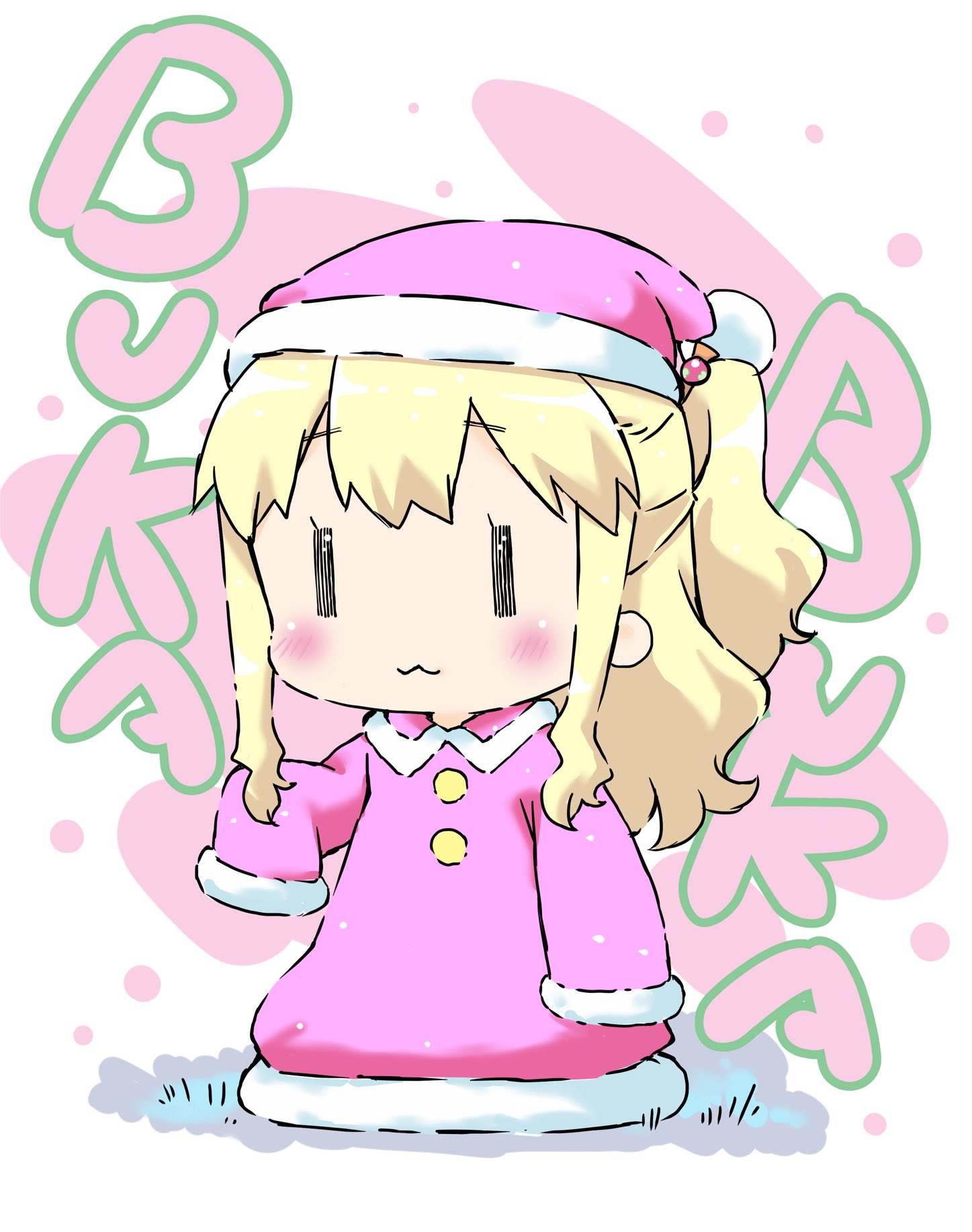 1girl :3 =_= alice_cartelet blonde_hair blush buttons chibi christmas collar commentary_request full_body hara_yui_(style) hat highres kin-iro_mosaic long_eyelashes long_hair nightcap official_art one_side_up ozeki_miyabi partial_commentary pink_collar pink_santa_costume pink_theme romaji_commentary romaji_text santa_costume sidelocks simple_background snow solo sound_effect_request sound_effects translation_request white_background |_|