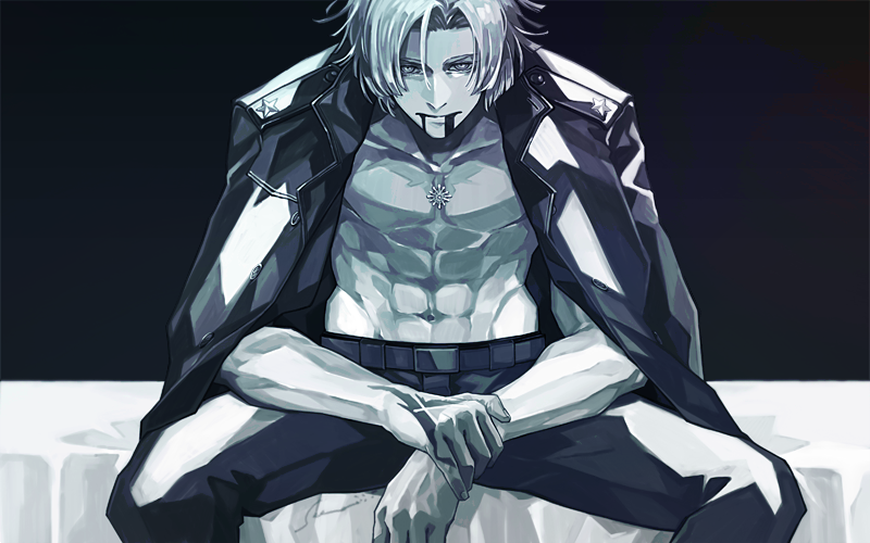 1boy abs bare_pectorals black_background black_coat black_pants blonde_hair blood blood_from_mouth coat coat_on_shoulders command_spell daybit_sem_void fate/grand_order fate_(series) hair_between_eyes looking_at_viewer male_focus navel on_bed pants pectorals sei_8220 short_hair simple_background sitting solo spread_legs topless_male